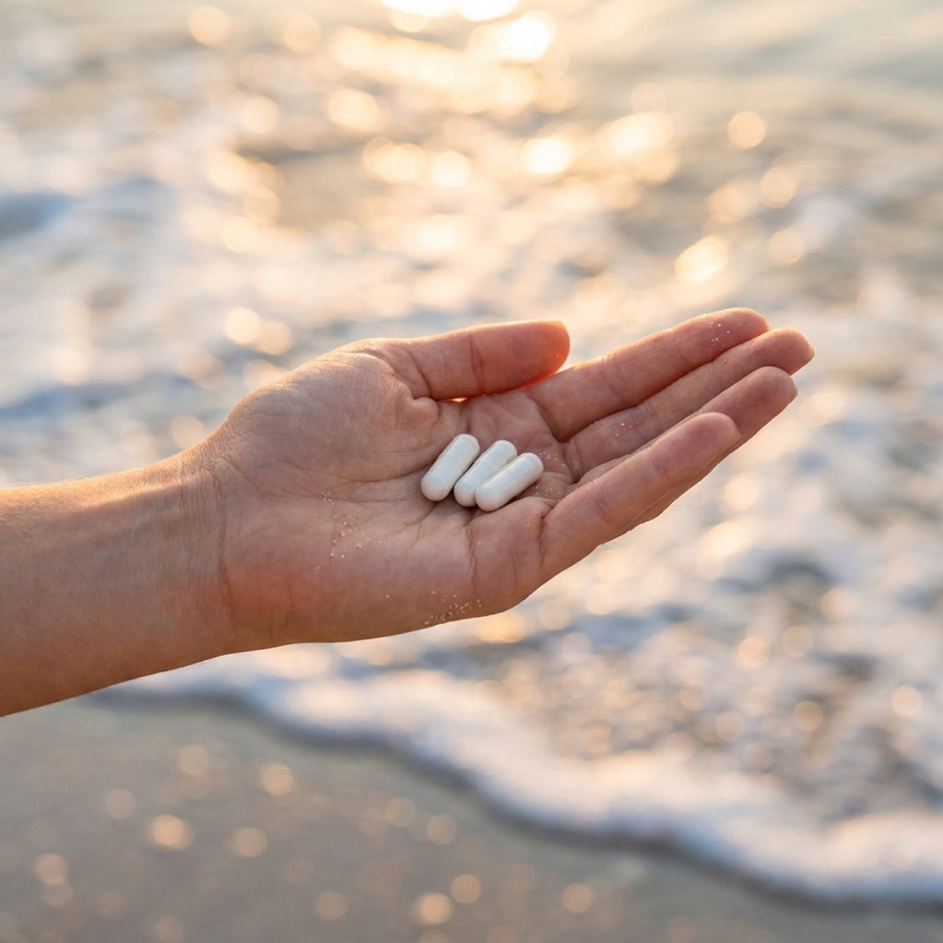A sun-kissed hand holding three capsules at the water's edge in golden light.
