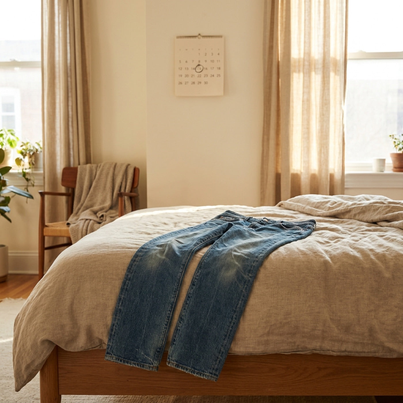 Worn jeans laid on a bed beside a wall calendar with one day circled, in warm morning light.